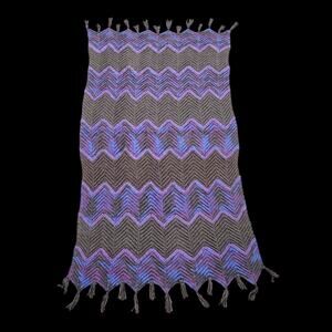 Handmade Crochet Afghan Blanket Charcoal Purple Blue Chevron Tassels 36x744